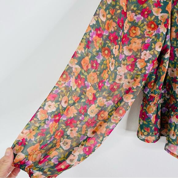 Lauren Conrad green pink floral chiffon boho stretchy cottagecore top large - Picture 4 of 7